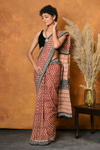 Very Much Indian Handblock Printed Cotton Saree With Natural Dyes - Orange | Grocsy