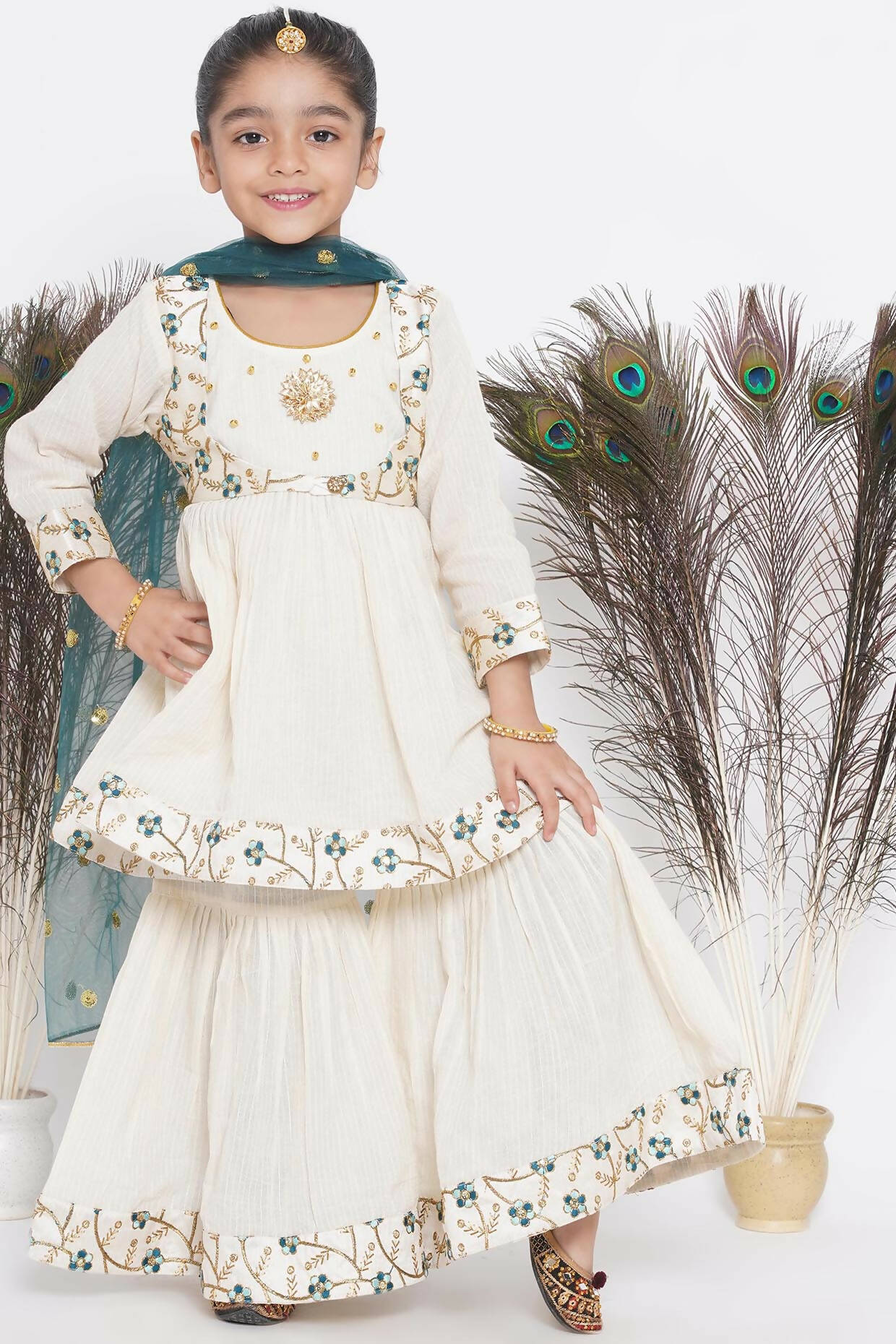 Little Bansi Blue Floral Embroidery Jacket with Cotton Kantha Frock Sharara and Dupatta with Ghungroo Handwork - Cream | Grocsy