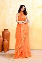 Piyari Fashion Women's Orange Embellished Cotton Blend Jamdani Saree | Grocsy