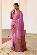 Joban Fashion Hot Pink Crepe Chiffon Pure Handloom Banarasi Silk Saree | Grocsy