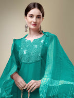 Jyoti Fashion Women's Rama Cotton Blend Embroidery & Fancy Lace work Kurta with Trouser & Dupatta | Grocsy