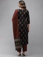 Yufta Women Black & Rust Brown Ethnic Motifs Printed Kantha Work Pure Cotton Kurta Set | Grocsy