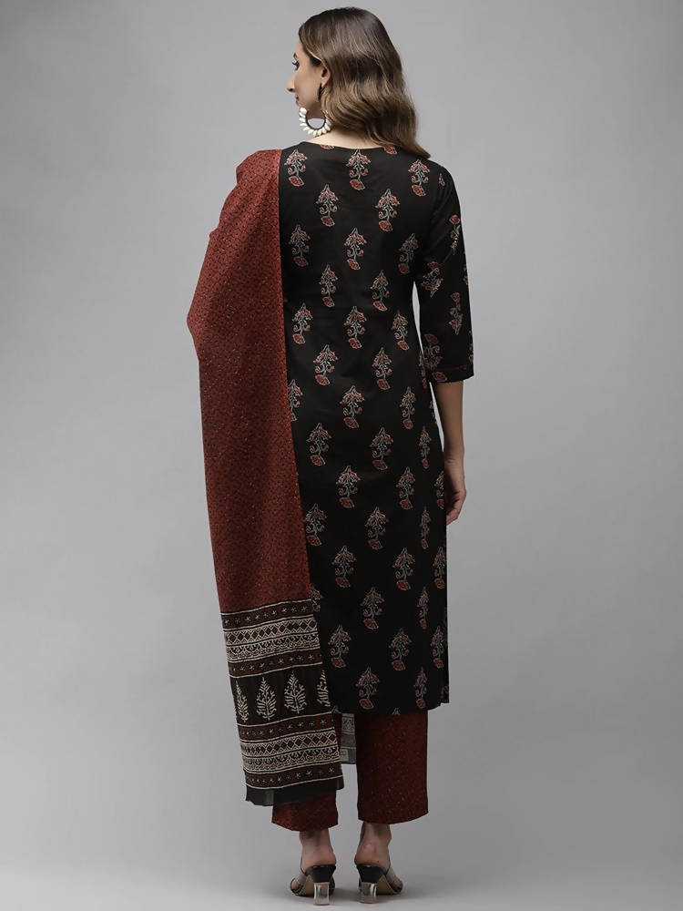 Yufta Women Black & Rust Brown Ethnic Motifs Printed Kantha Work Pure Cotton Kurta Set | Grocsy