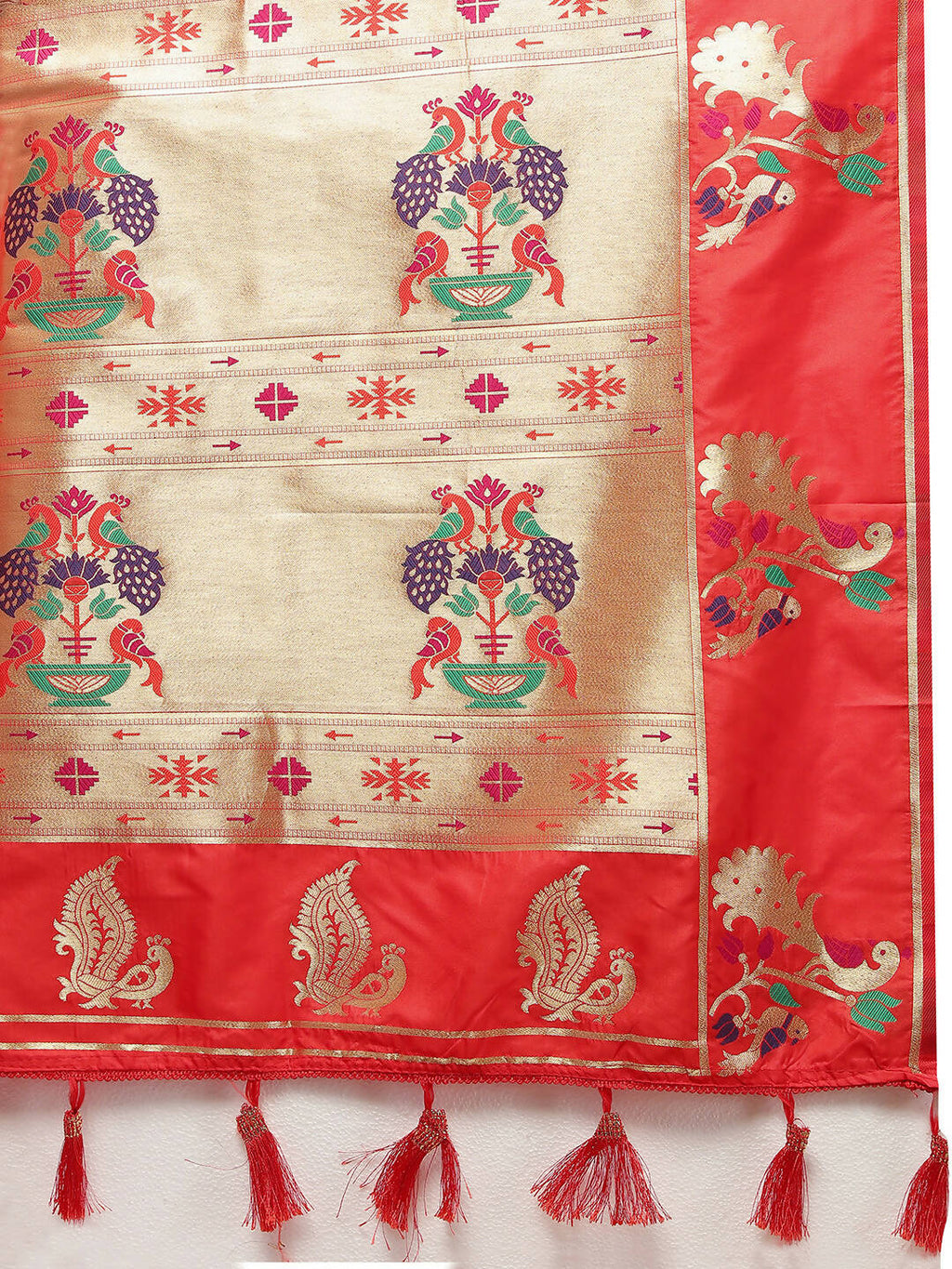 Lorenvalley Fashion Red Soft Paithani Silk Woven Design Copper Zari Meenakari Weaving Saree | Grocsy