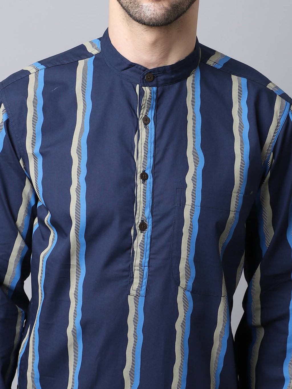 Even Apparels Navy Pure Cotton Men's Kurta With Band Collar (STR1169) | Grocsy