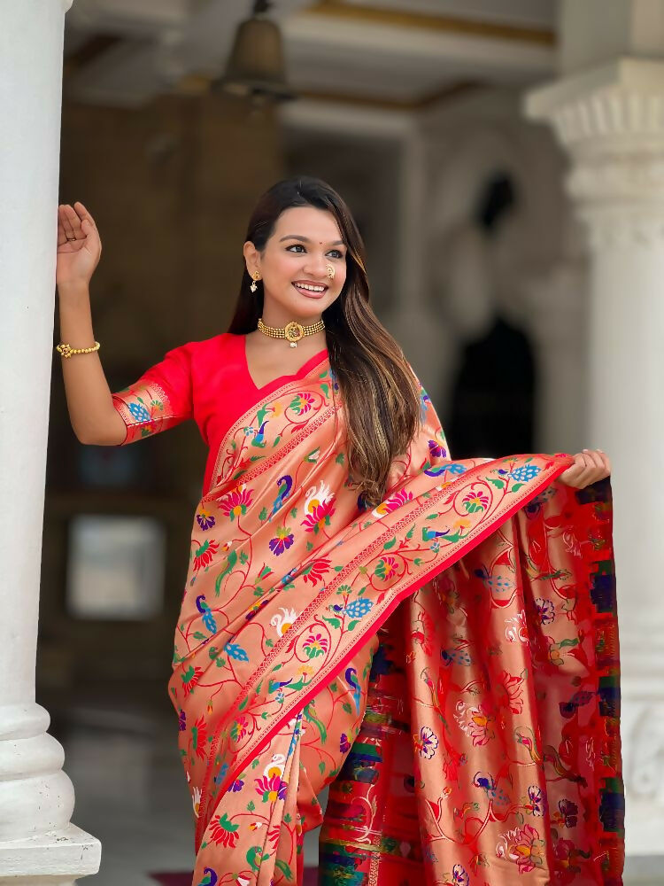 PR Fashion Red Oft Kanjivaram Paithani Silk With Zari Weaving Meenakari Design Saree | Grocsy