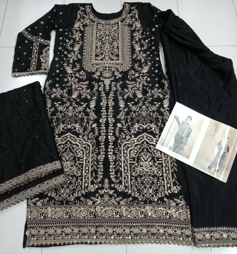 Vastranavya Black Chinon Silk Embroidered Sequins Pakistani Straight Pant Suit | Grocsy