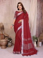 Anaita Red Weaving Linen Cotton Saree With Blouse | Grocsy