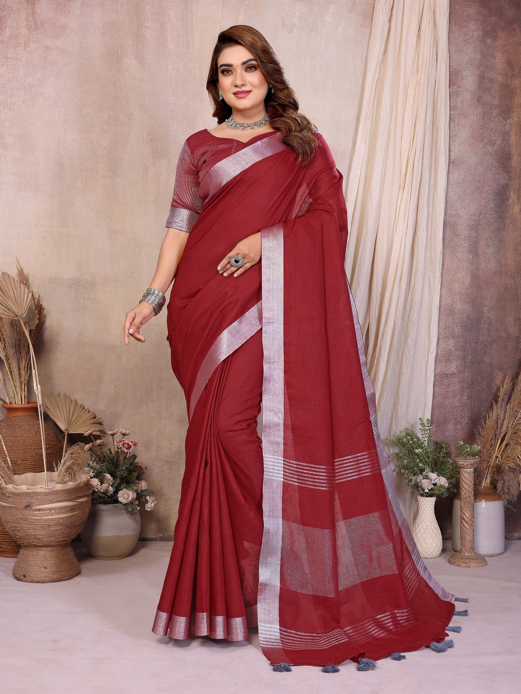 Anaita Red Weaving Linen Cotton Saree With Blouse | Grocsy