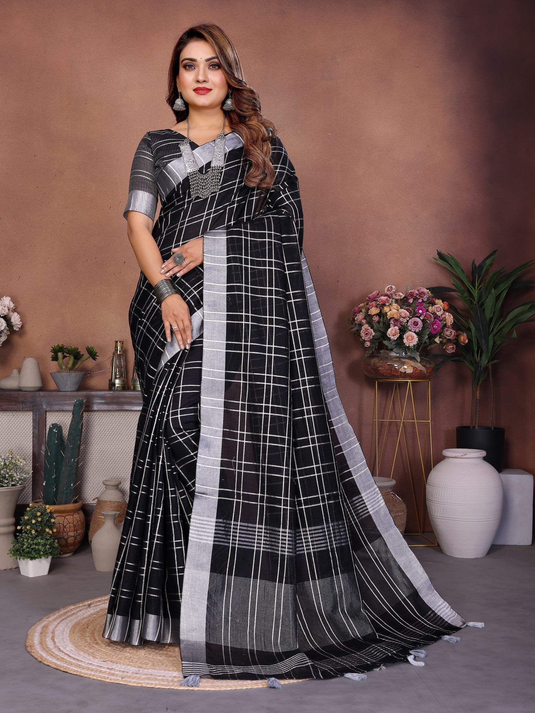 Anaita Black Weaving Linen Cotton Saree With Blouse | Grocsy