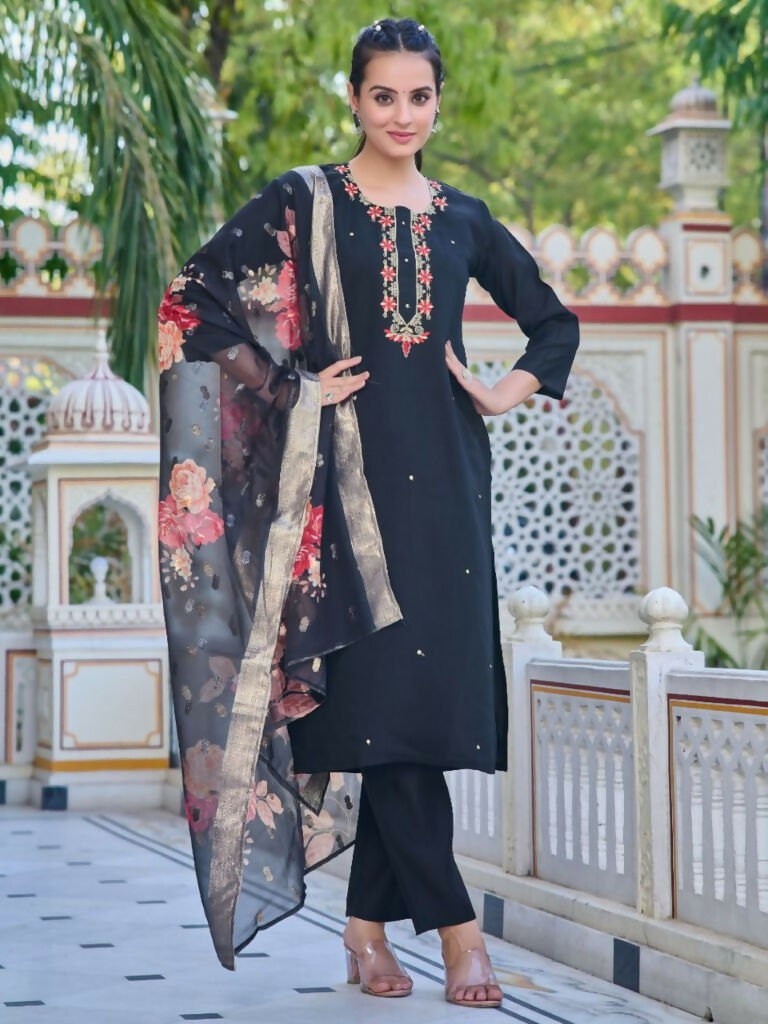 Partywear Designer Chanderi Black Stitched Suit With Dupatta - Tanisha | Grocsy