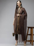 Yufta Women Brown Printed Panelled Beads and Stones Pure Cotton Kurta with Trouser & With Dupatta | Grocsy