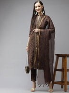 Yufta Women Brown Printed Panelled Beads and Stones Pure Cotton Kurta with Trouser & With Dupatta | Grocsy