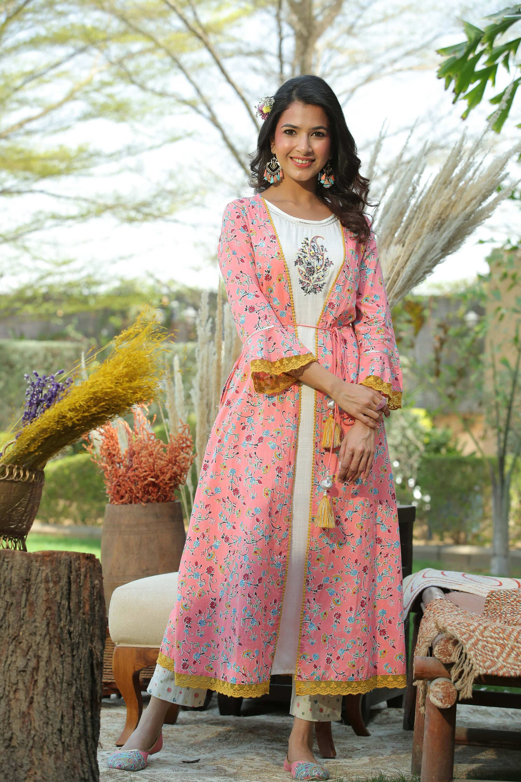 Juniper Coral Floral Printed Cotton Lacy Jacket Style Kurta With Thread Work & Dori At Waist | Grocsy