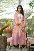 Juniper Coral Floral Printed Cotton Lacy Jacket Style Kurta With Thread Work & Dori At Waist | Grocsy