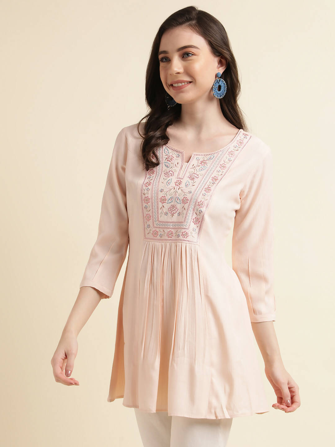 Peach Viscose Rayon Yoke Embroidered A-line Top - Tarini | Grocsy
