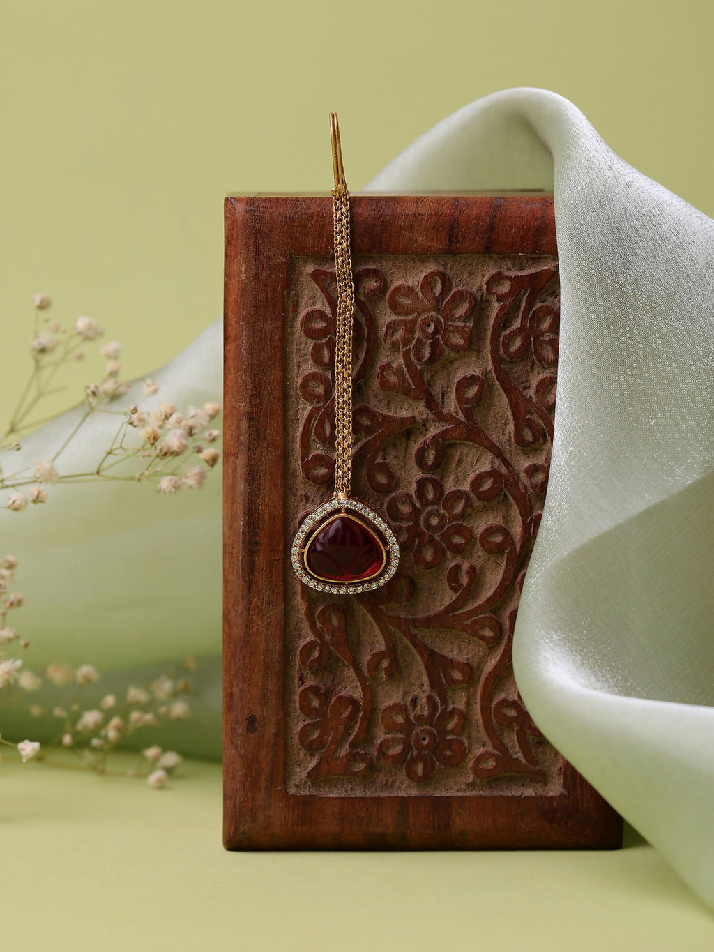 Ruby Raang Gold Polished Maroon Stone Kundan Maang Tikka | Grocsy