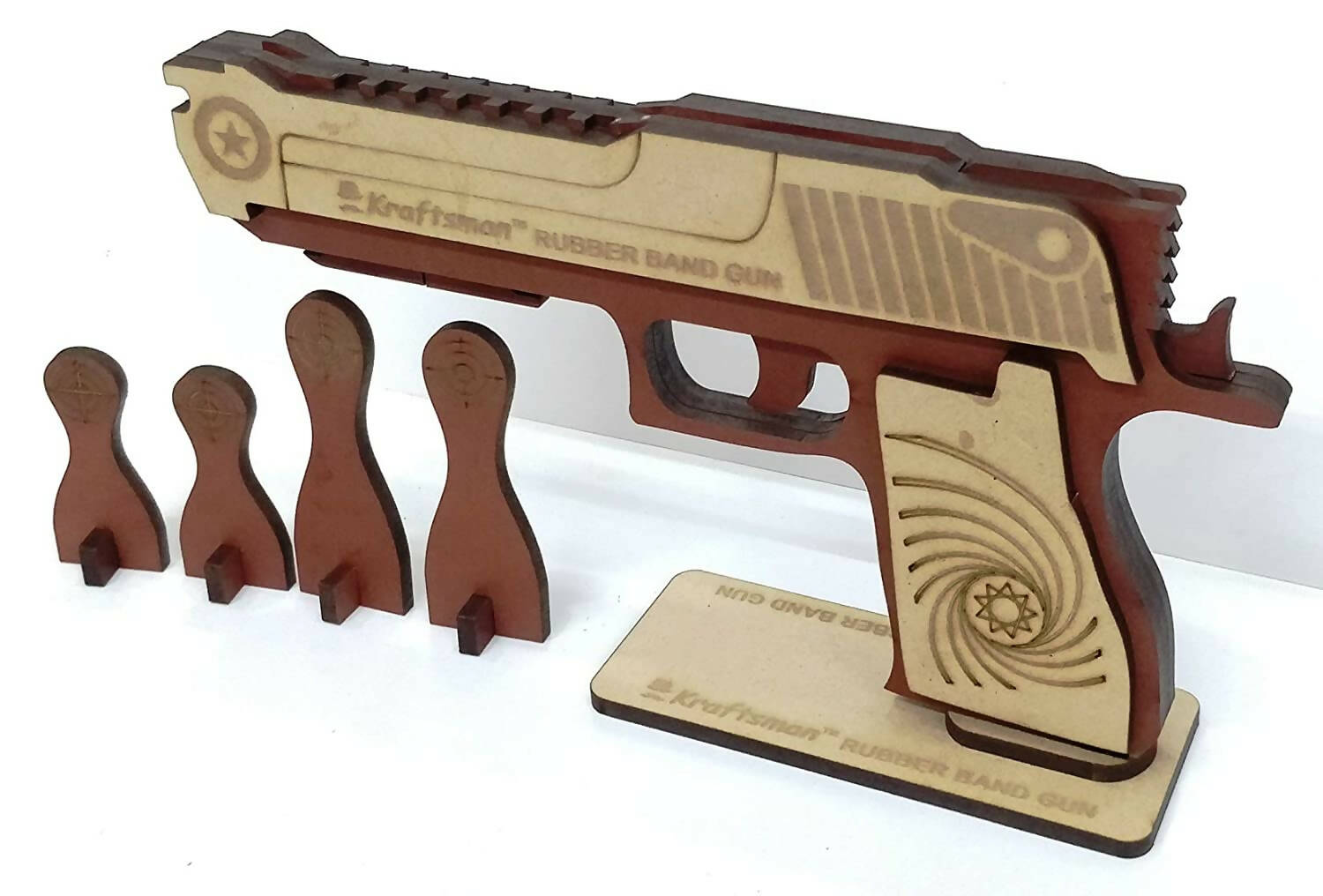 Kraftsman Semi-Automatic Wooden Rubber Band Shooting Gun Toys for Kids & Adults with Target | 5 Rapid Fire Shots | Grocsy