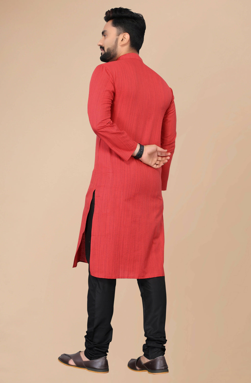 Men's Red Striped Cotton Kurta - Mahotsav | Grocsy