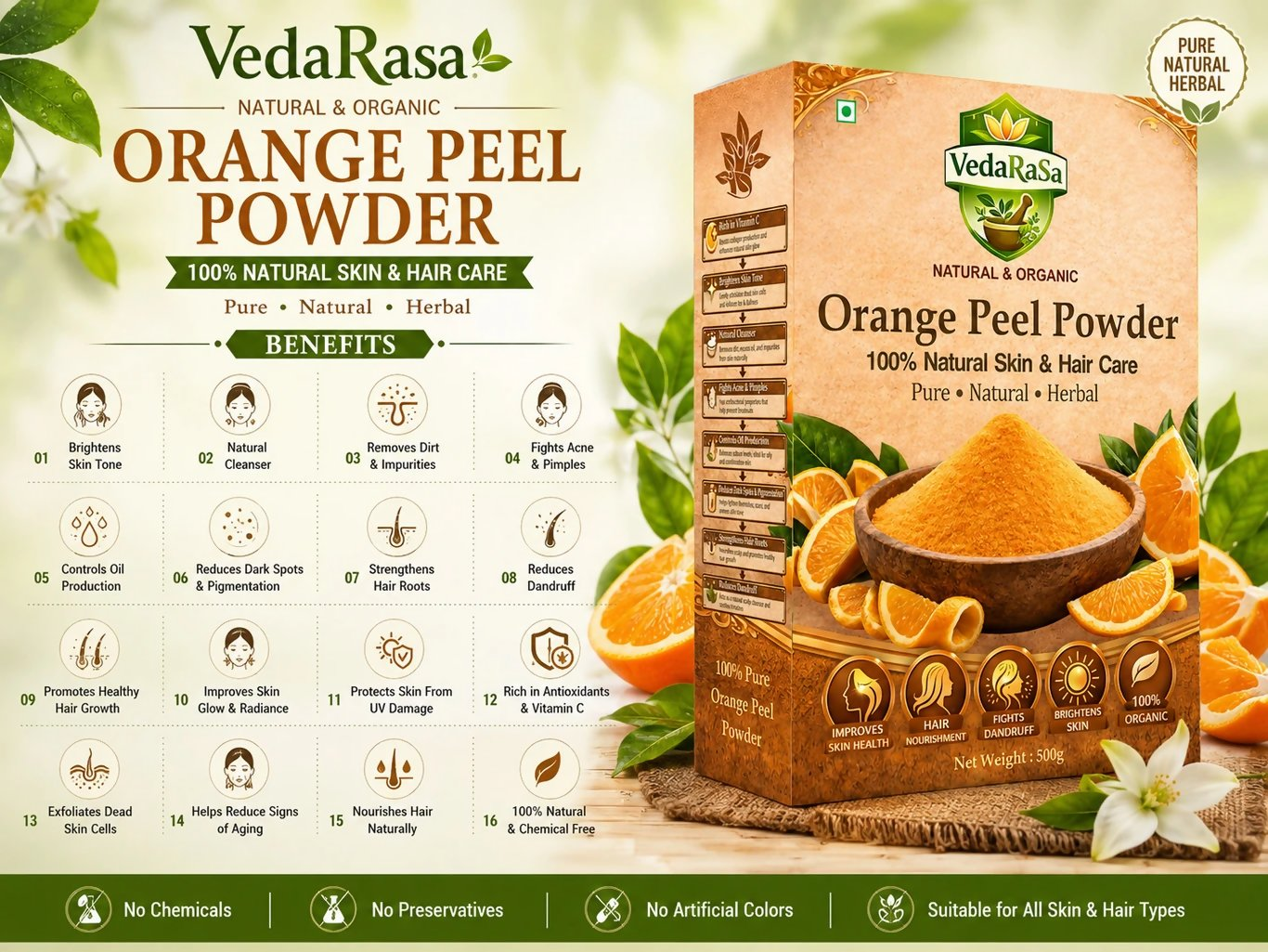 VedaRasa Organic Orange Peel Powder For Face Mask, Skin Care & Natural Glow | Grocsy