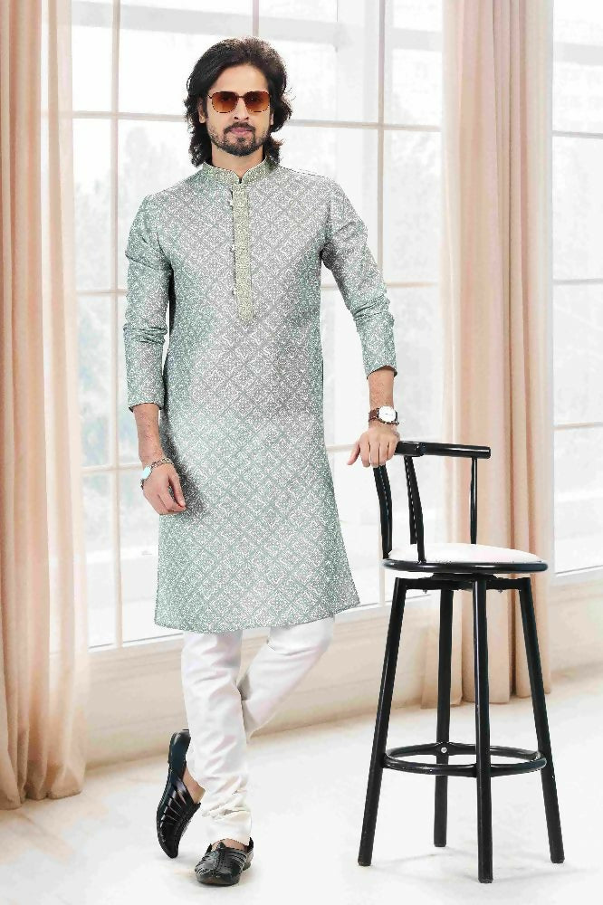 Raivat Ethnic Cotton Thread Work Kurta Pajama In Light Green Colour | Grocsy