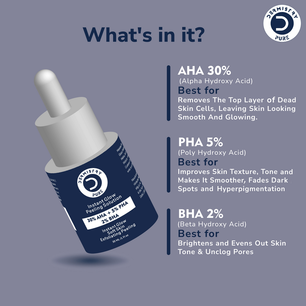 Dermistry 30% AHA 5% PHA 2% BHA Peeling Exfoliating Solution Instant Bright Glow Fairness Face Serum | Grocsy
