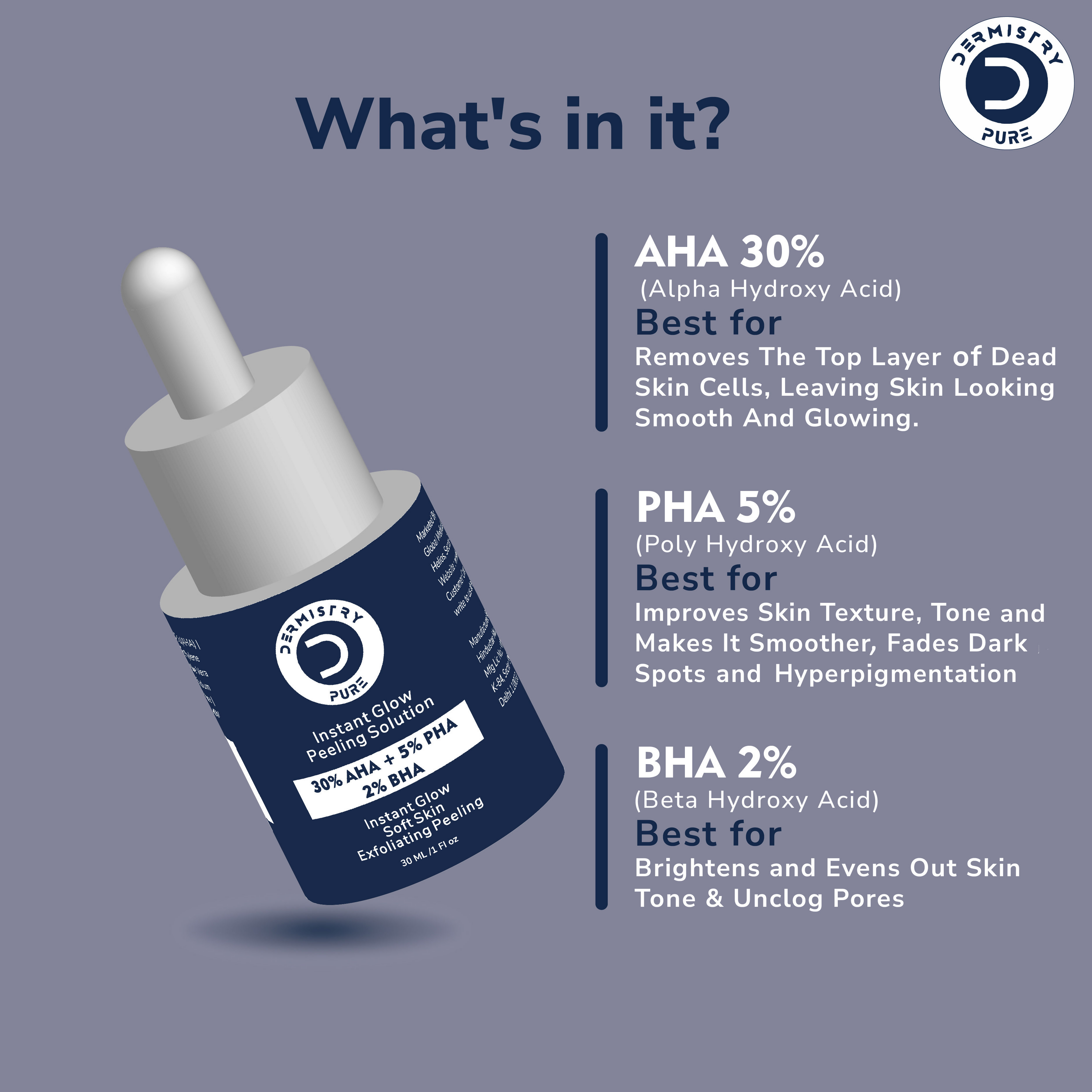 Dermistry 30% AHA 5% PHA 2% BHA Peeling Exfoliating Solution Instant Bright Glow Fairness Face Serum | Grocsy