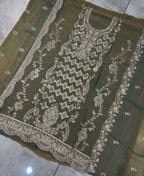 KC Heavy Embroidery Worked Two Ton Moss Silk Grey Suit For Women | Grocsy