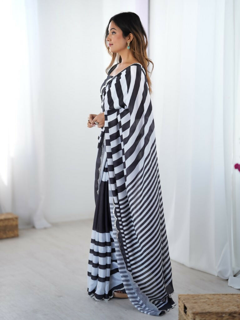 Black Chinon Designer Digital Printed,Mirror Cut Work Saree - Manvika | Grocsy