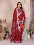 Anaita Red Weaving Linen Cotton Saree With Blouse | Grocsy