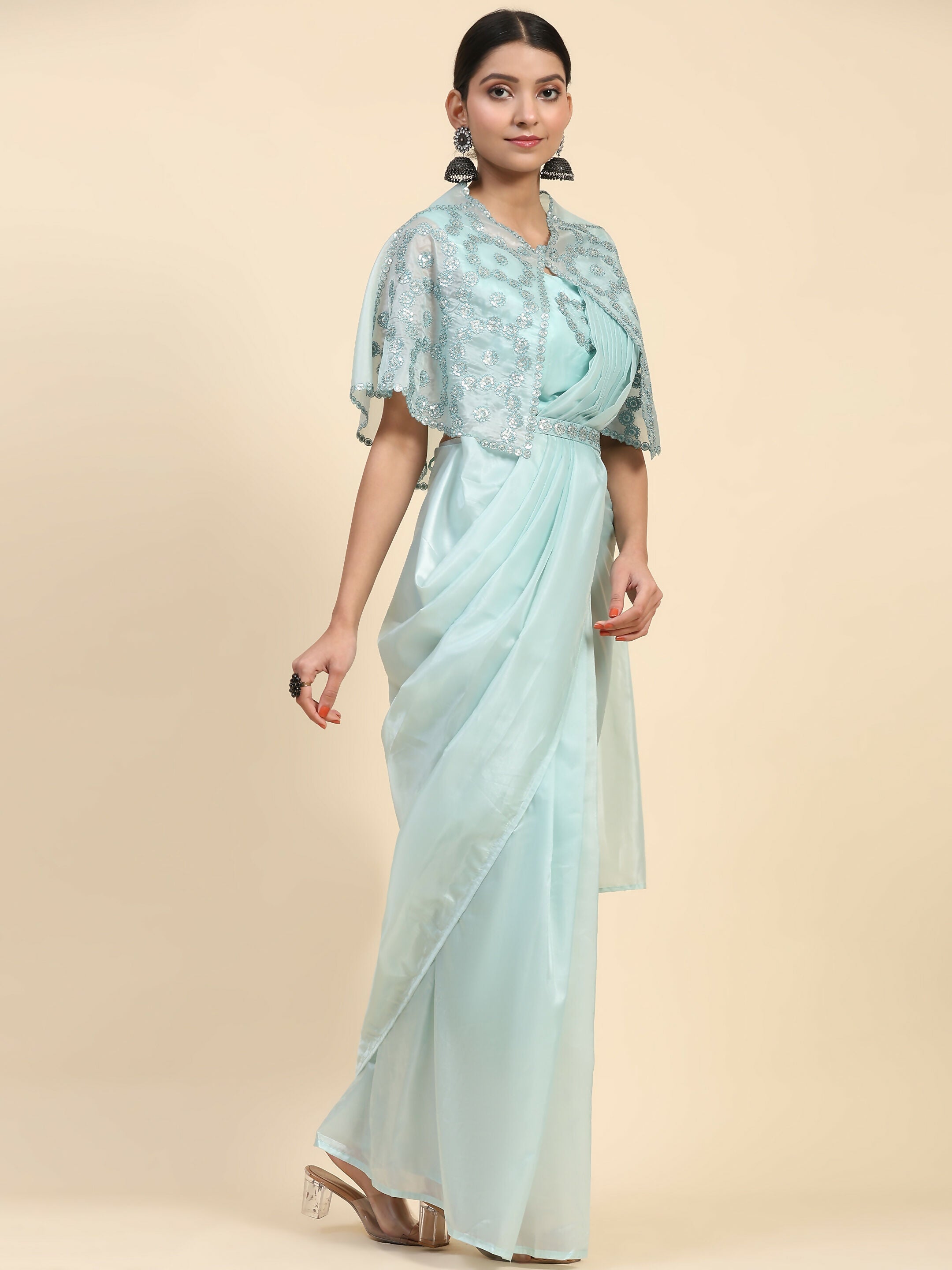 Blue Satin Solid Ready to wear Saree with stitched Blouse - Vanita | Grocsy