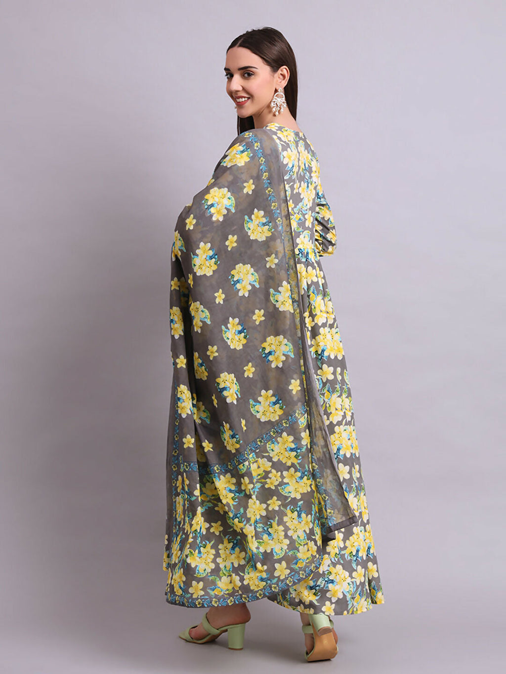 Joban Fashion Yellow Cotton Floral Printed & Embroidery Work Anarkali Dress With Dupatta Set | Grocsy