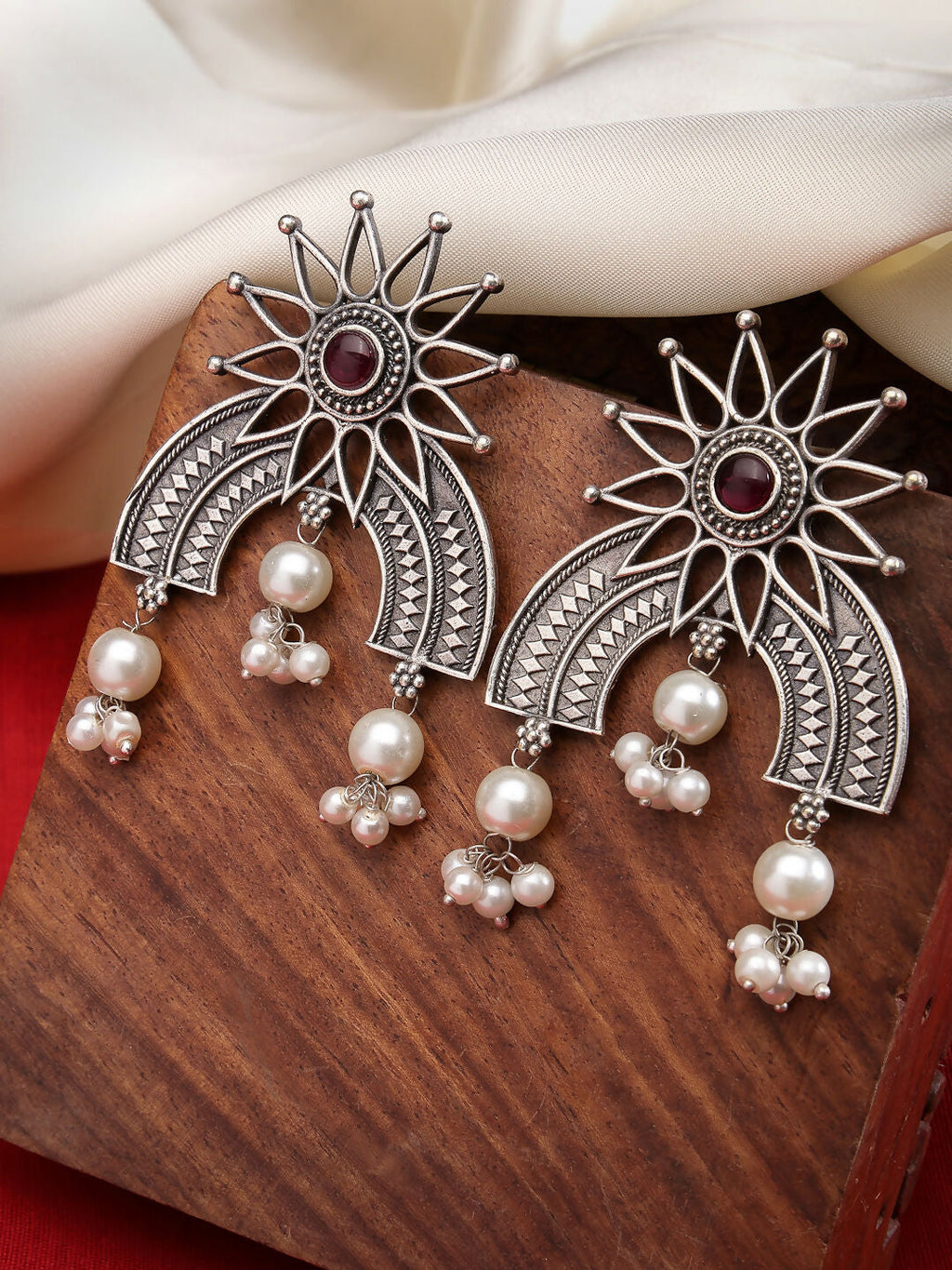 NVR Women's Floral Silver-Plated Artificial Stones and Beads Drop Earrings | Grocsy