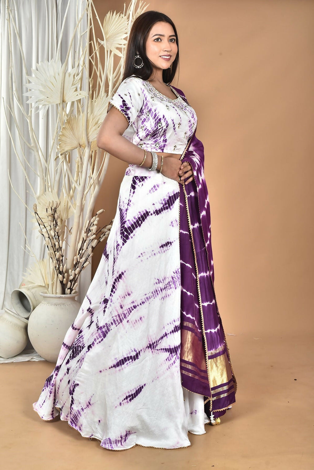 Morchari Women Tai Dai And Hand Embroidery Lehenga-Purple | Grocsy