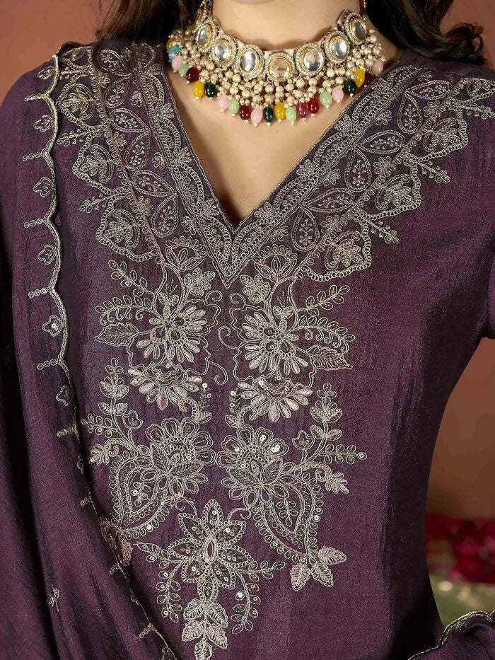 The52 Wine Women's Gorgeous Vichitra Fabric Embroidered Work Straight Kurta Pant and Dupatta Set | Grocsy
