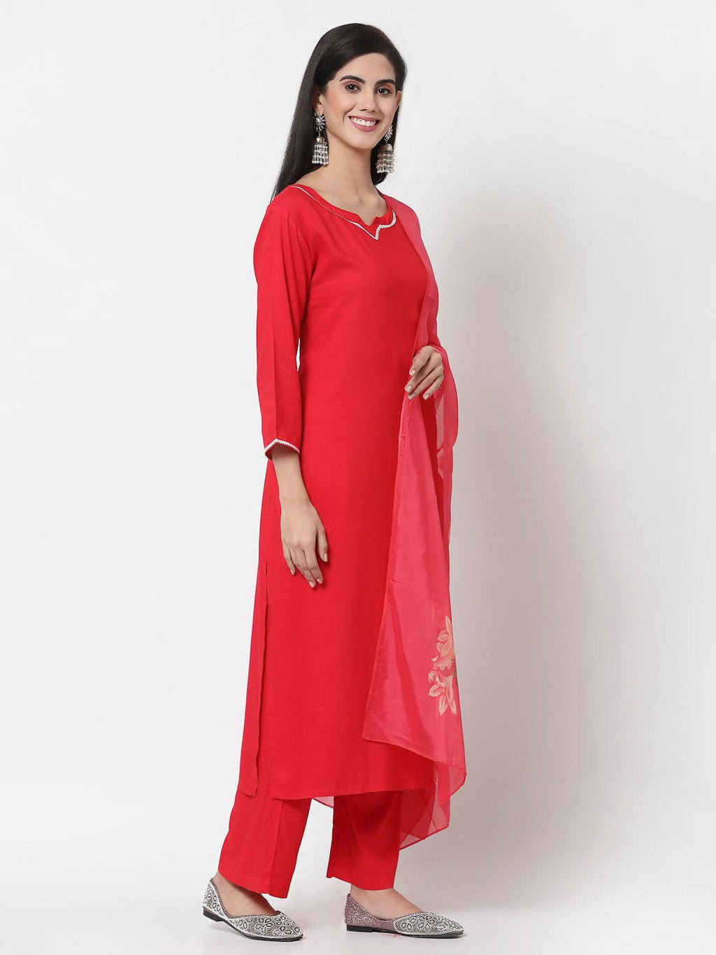 Myshka Red Cotton Solid 3/4 Sleeve Square Neck Casual Kurta Pant Dupatta Set | Grocsy