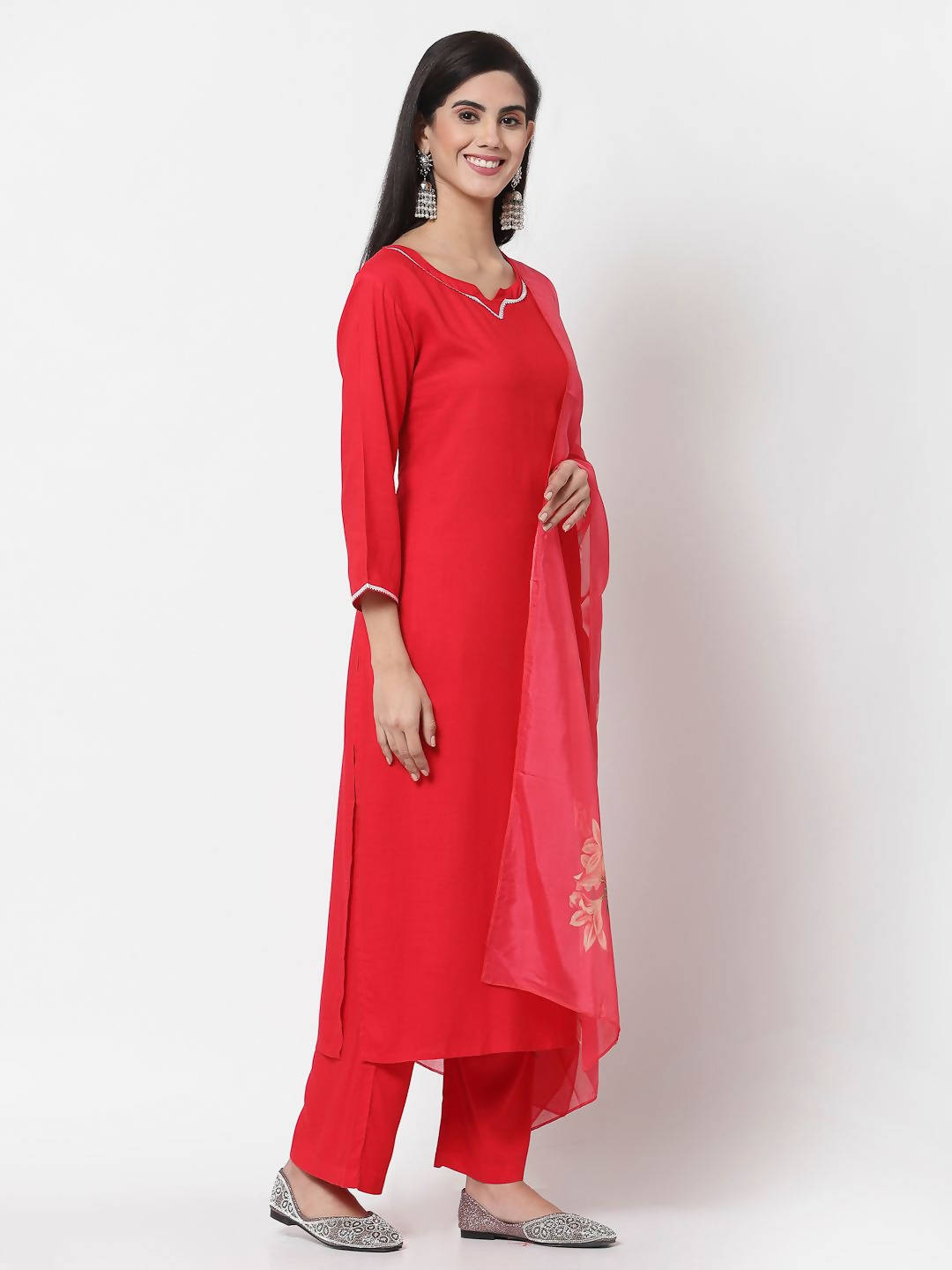 Myshka Red Cotton Solid 3/4 Sleeve Square Neck Casual Kurta Pant Dupatta Set | Grocsy