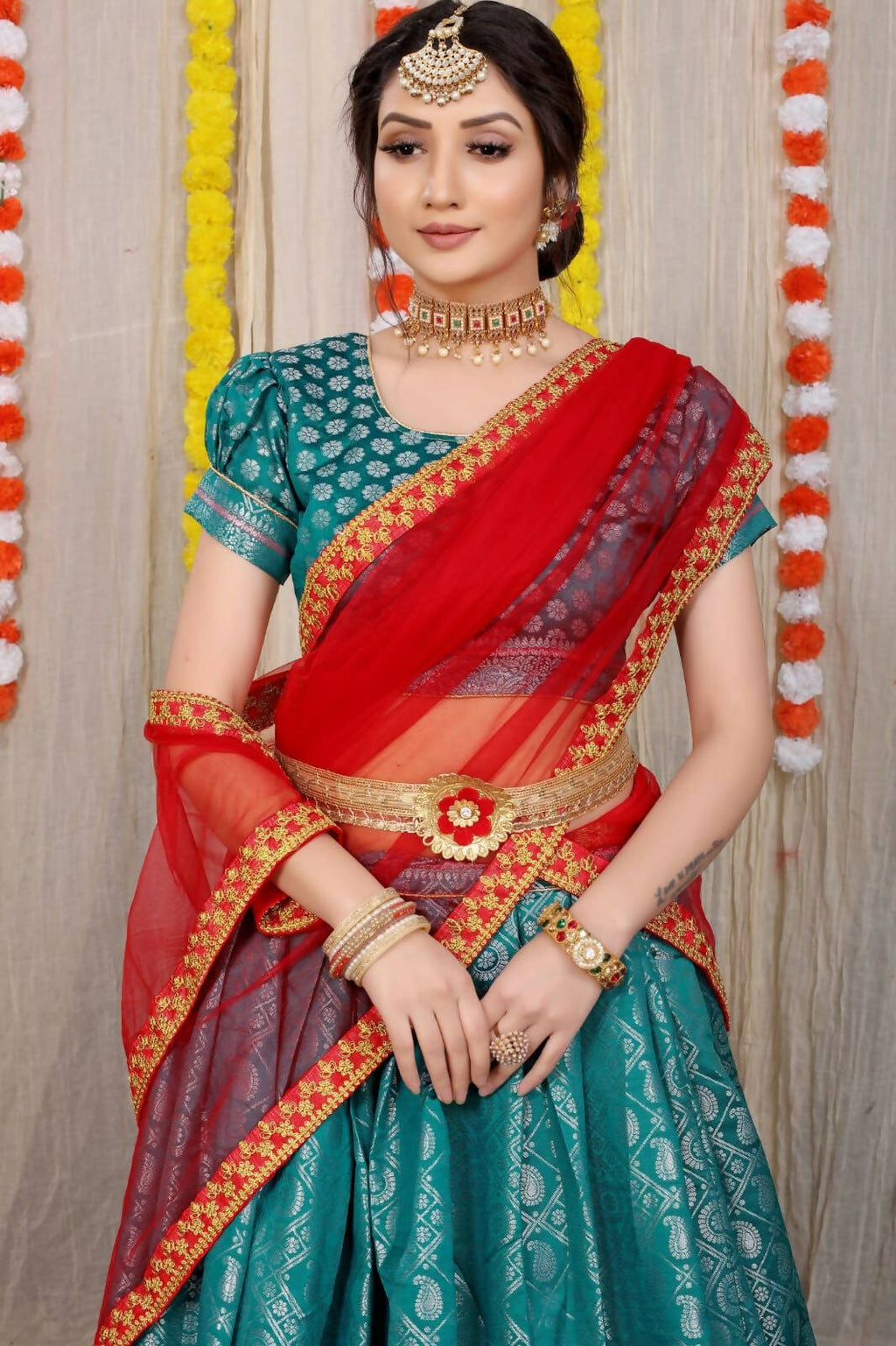 DEIANA'S Beautiful Pure Jari Silk Weaving Lehengha Choli - Teal | Grocsy