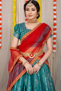 DEIANA'S Beautiful Pure Jari Silk Weaving Lehengha Choli - Teal | Grocsy