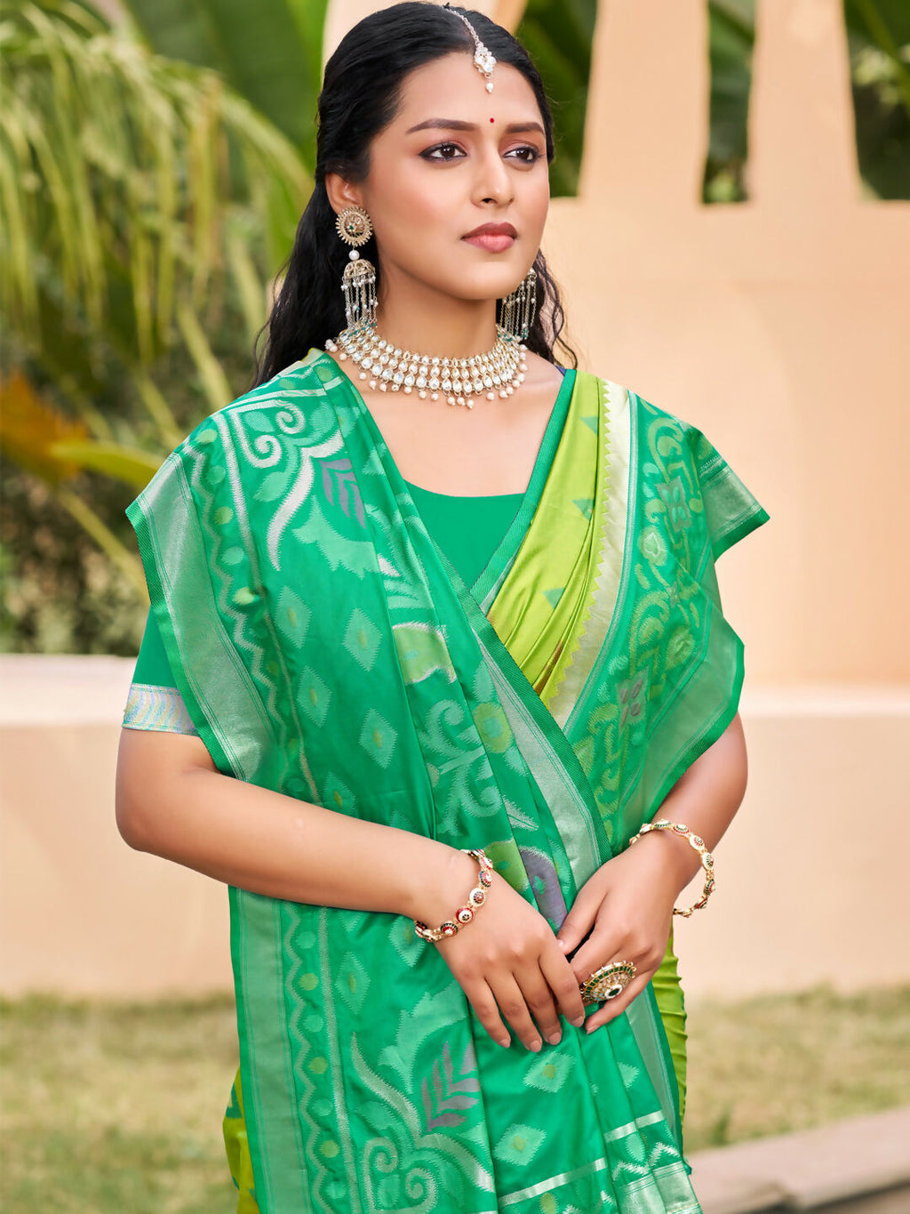 Shree Shyam Fashion Light Green Pochampally Silk Saree | Grocsy