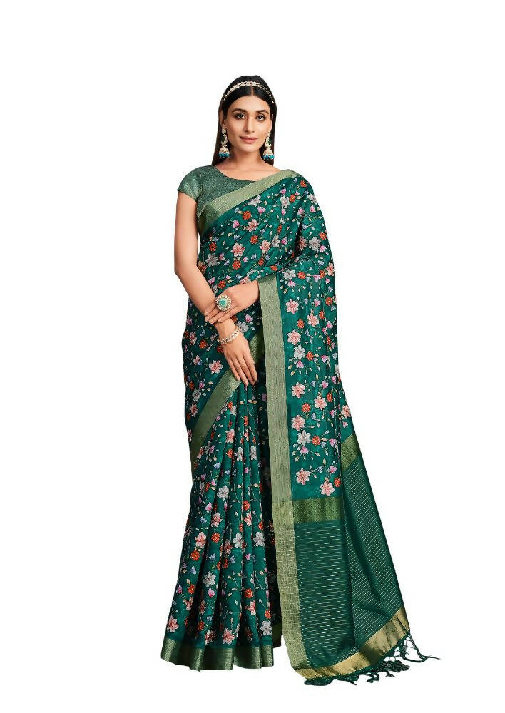 Green Tusser Silk Floral Sequence Embroidered Saree With Unstitched Blouse - Mohmanthan Aahana | Grocsy