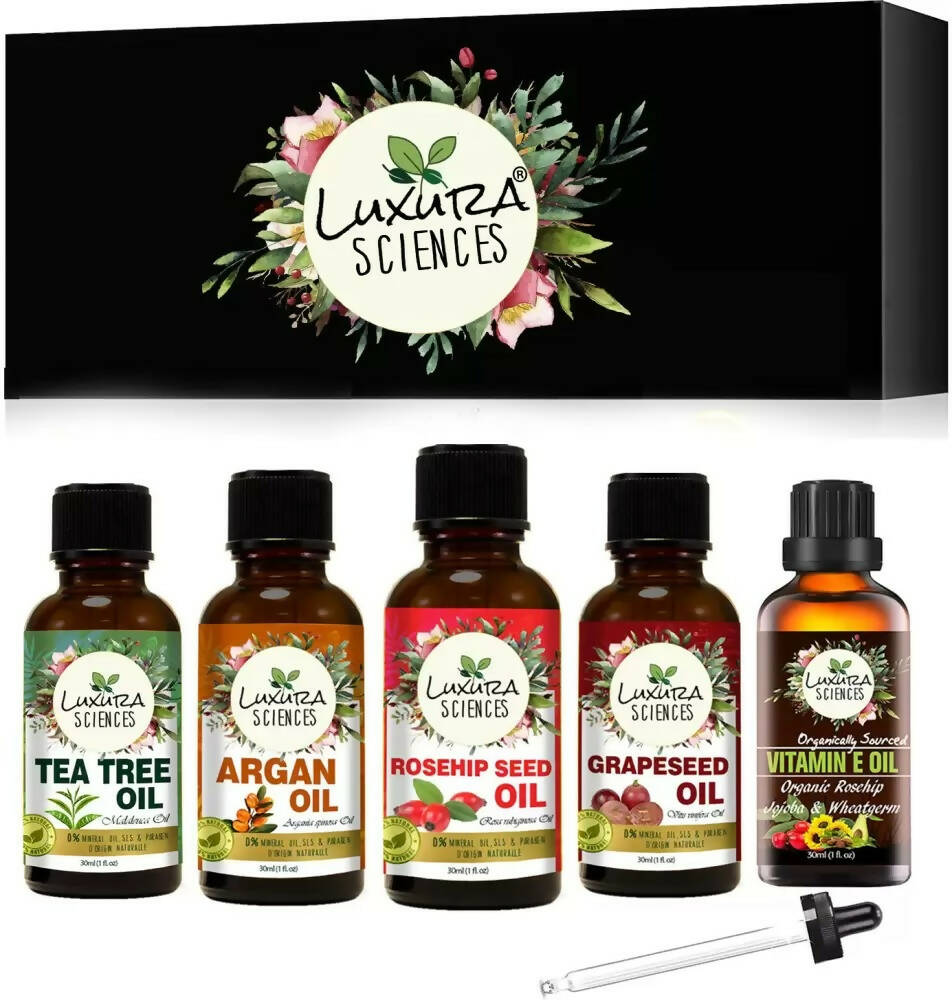 Luxura Sciences Organic Essential Oils for Skin Health - Rosehip Seed Oil, Argan Oil, Tea Tree Oil, Grape Seed Oil, Vitamin E | Grocsy