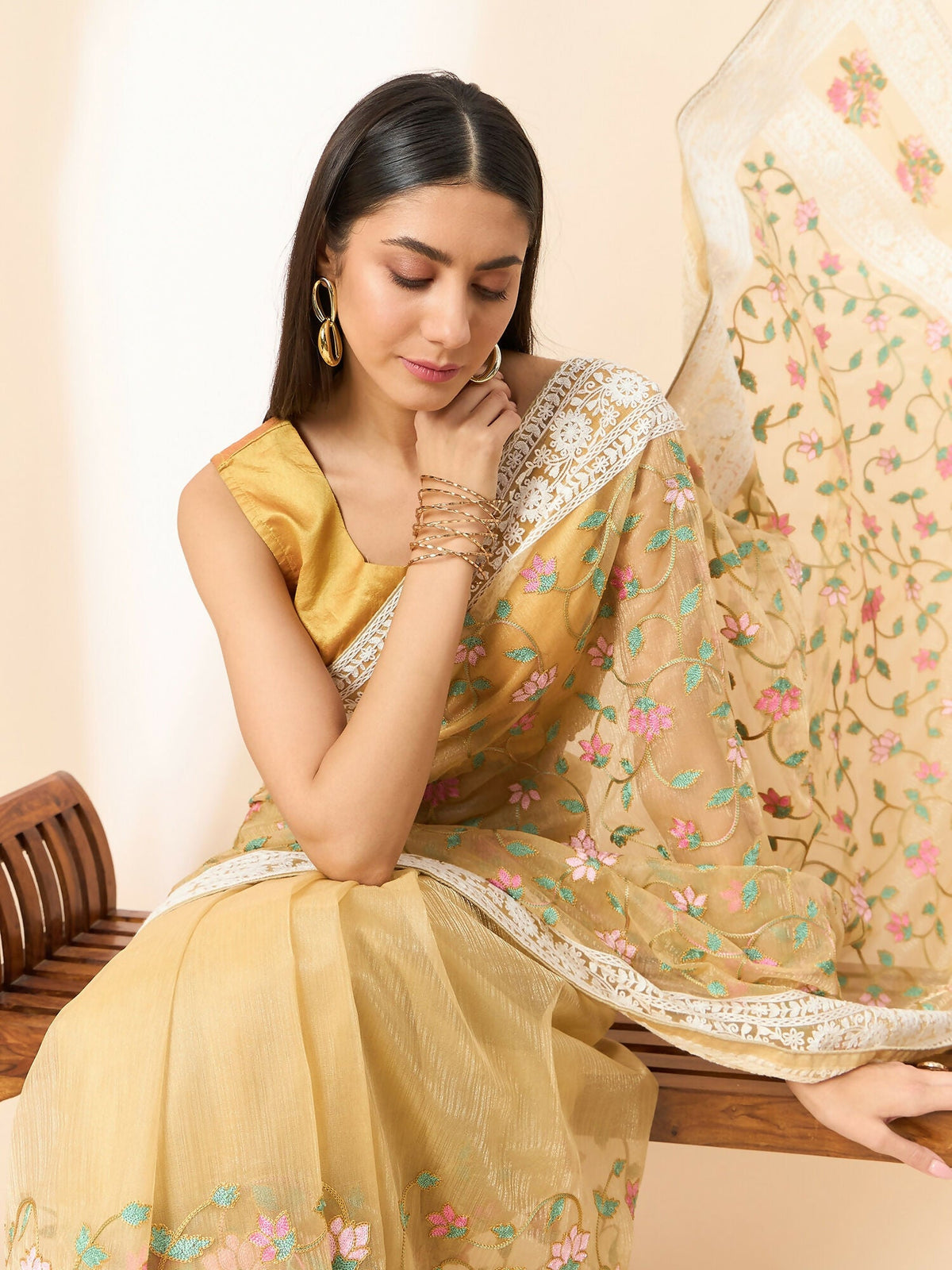 Beige Organza Floral Embroidered Saree with Unstitched Blouse Piece - Roozal | Grocsy