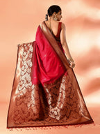 Joban Fashion Rani Pink & Bottle Green Plain With Weaving Border Banarasi Silk Sarees | Grocsy