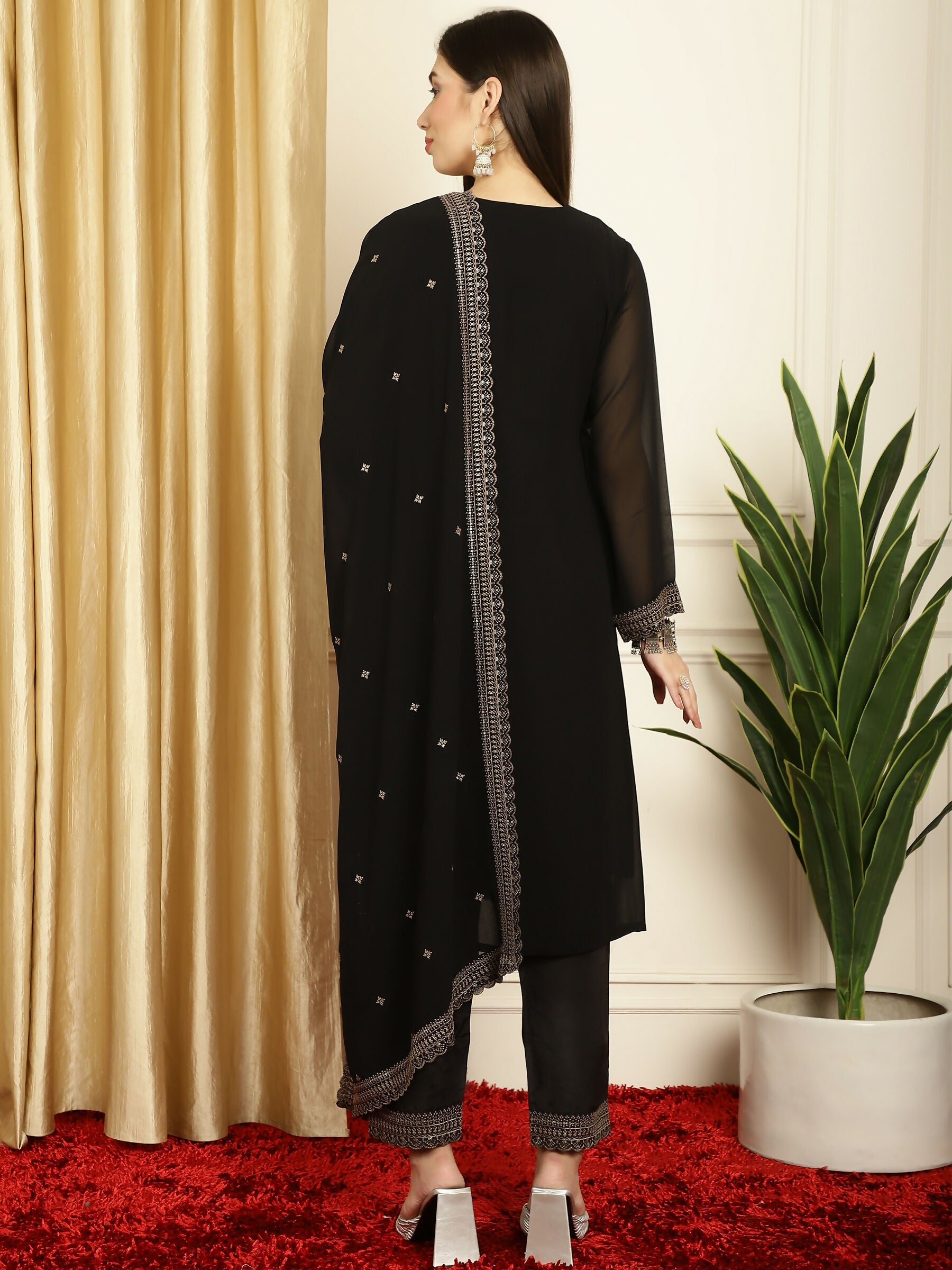 Jyoti Fashion Women's Black Georgette Resham Thread & Sequin Kurta with Trouser & Dupatta | Grocsy