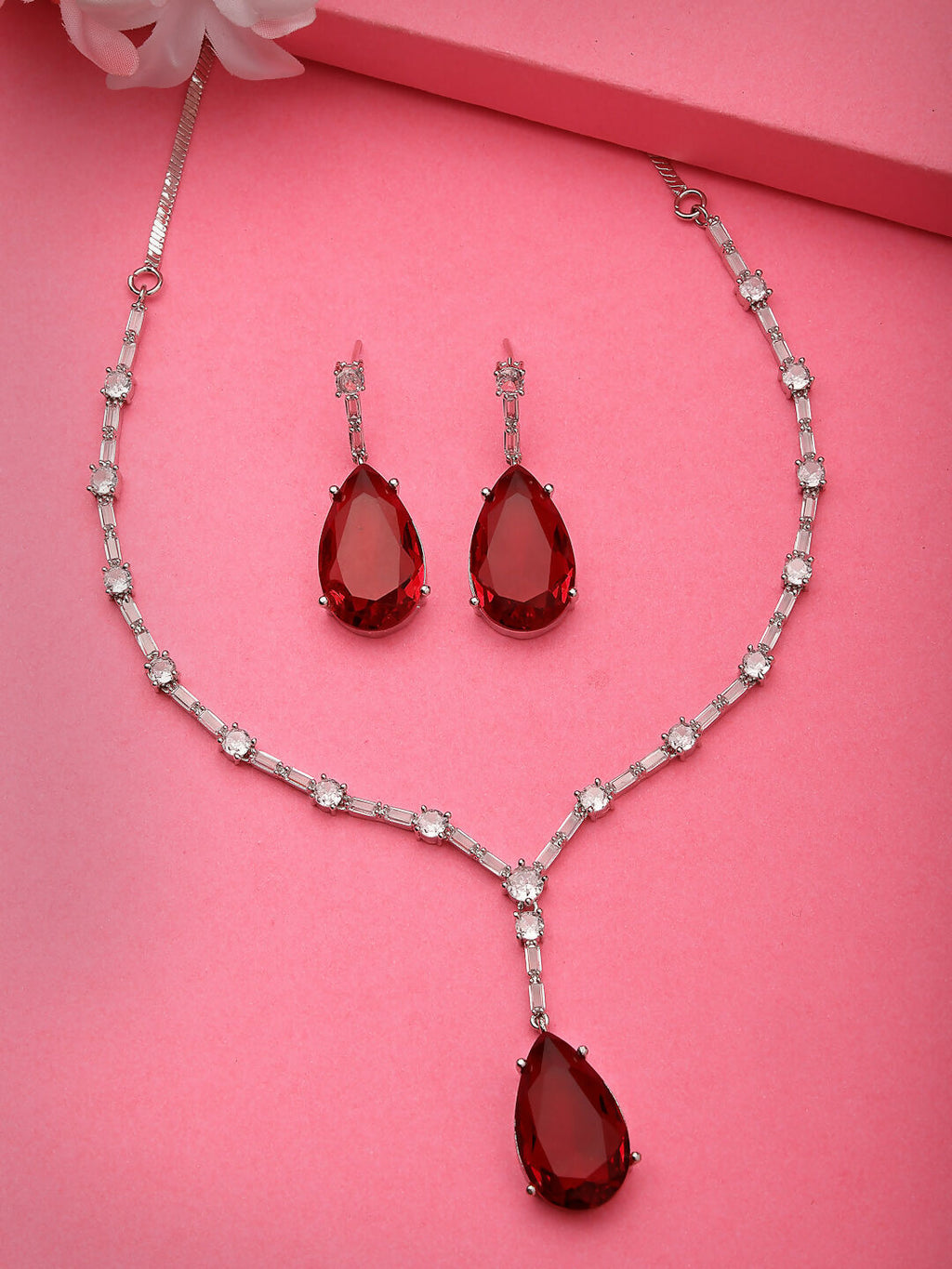 NVR Women's Silver-Plated Red Artificial Stones Studded Handcrafted Jewellery Set | Grocsy