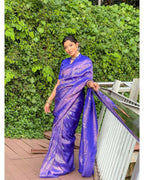 DEIANA'S Beautiful Designer Golden zari Soft Lichi Silk Saree - Royal Blue | Grocsy