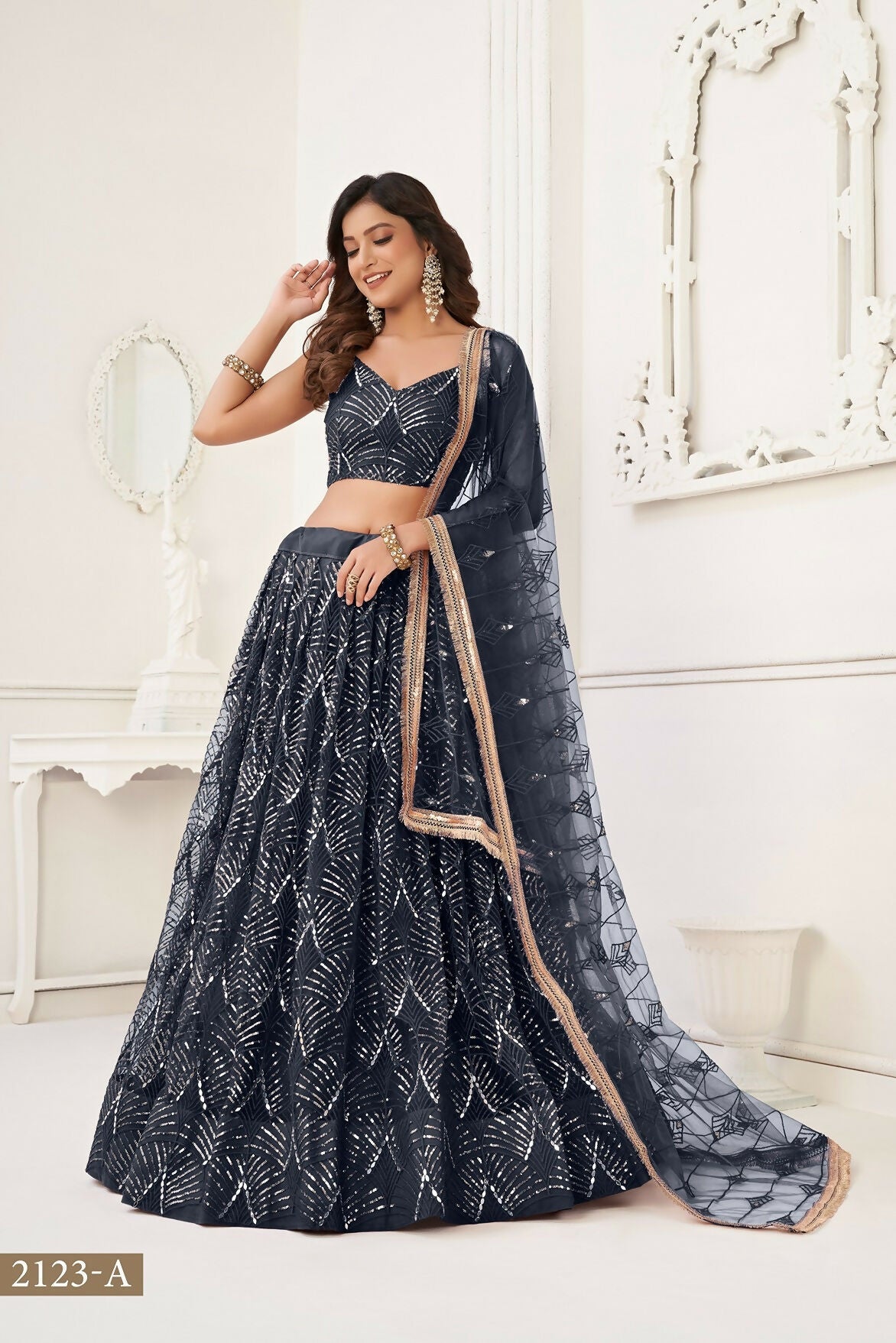 Eilara Glamorous Black Net With Sequins And Thread Embroidery Real Mirror Work Lehenga Choli For Wedding | Grocsy