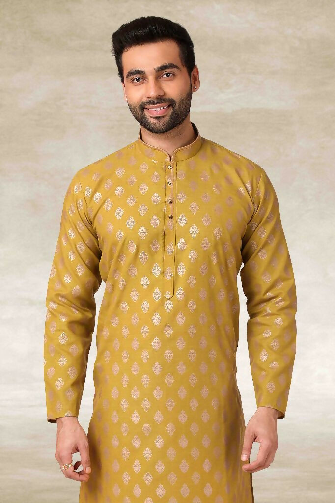 Raivat Ethnic Cotton Printed Work Kurta Pajama In Mustard Colour | Grocsy