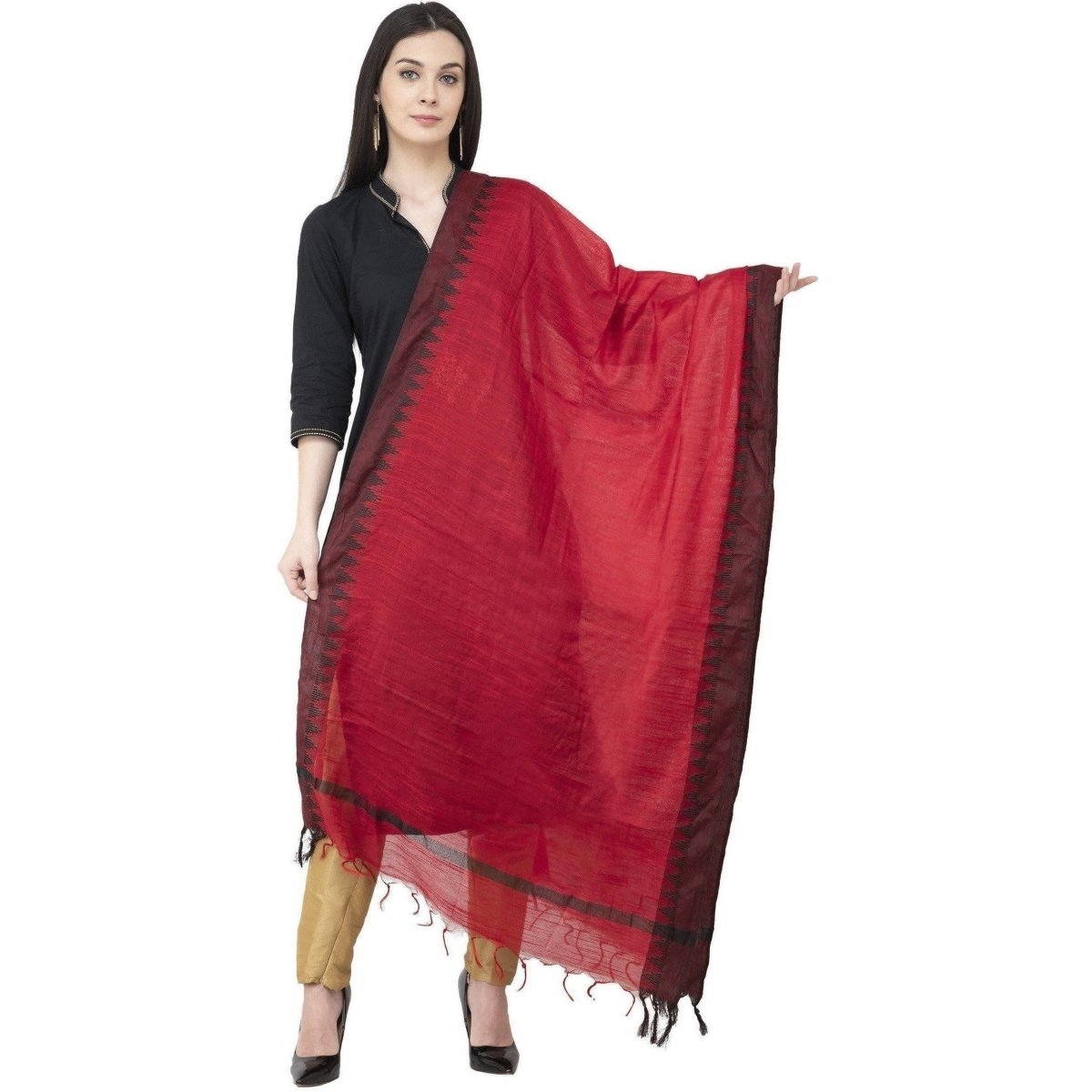 A R Silk Black Temple border Regular Dupatta Dark Red Color Dupatta or Chunni | Grocsy